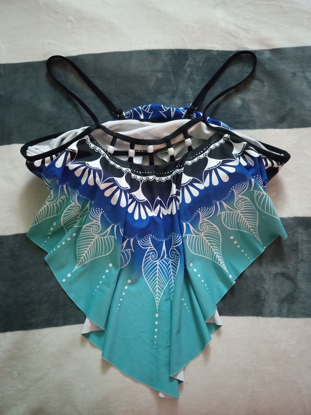 Floral Teal & Blue Ruffle Bikini Top with Black Trim